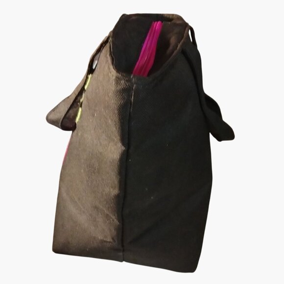 Leenie Peace Embroidered Black Lunch Bag  Pink Zipper Closure - Picture 7 of 11